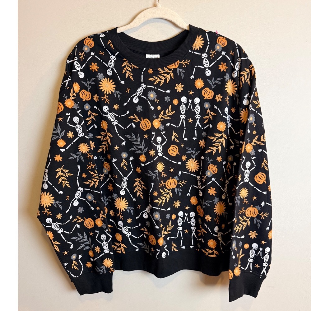 NWT The Halloween Collection Skeleton Floral Pumpkin Sweatshirt Crewneck BlackXL